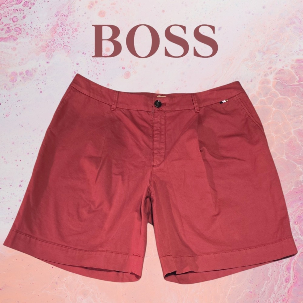 Hugo Boss Womens Pleated Chino Bermuda Shorts Burgundy Red US 12‎